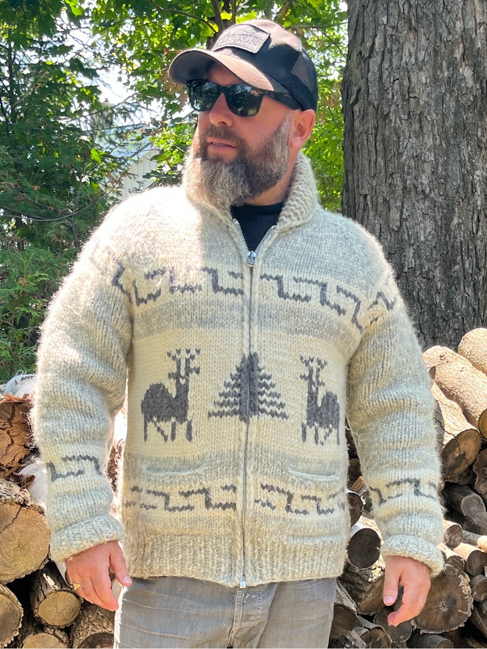Vintage Hand-Knit Cowichan Style Wool Sweater Jacket Deer Pine Tree